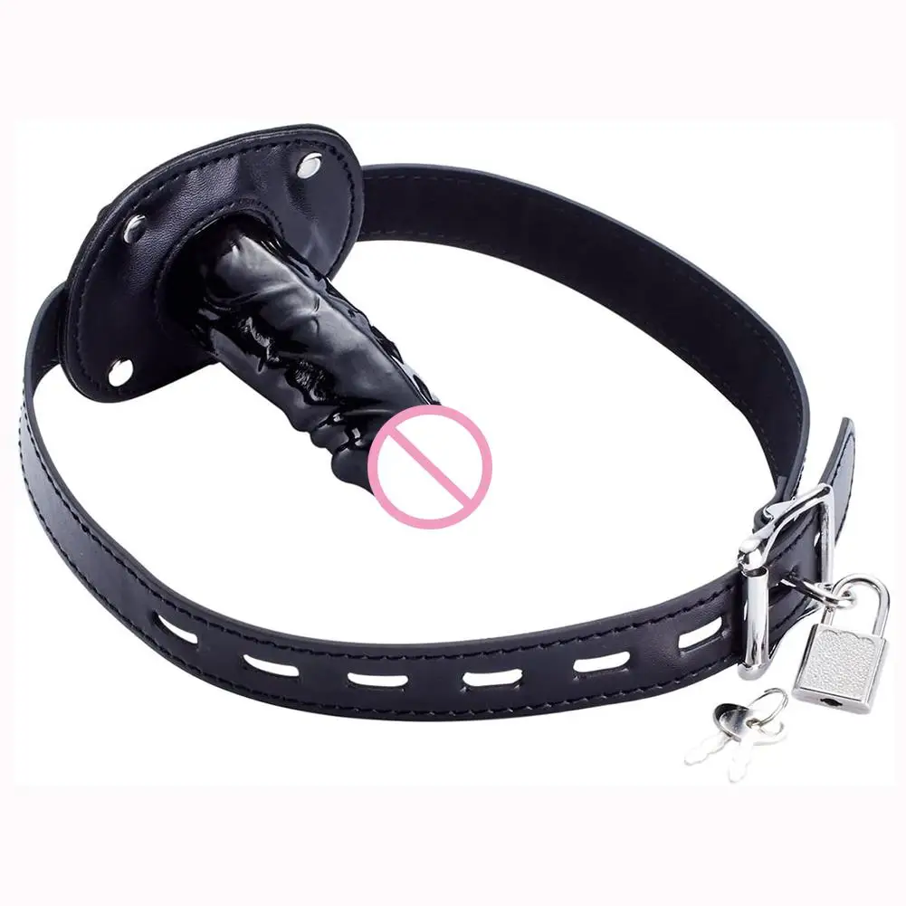 Lockable Dildo Penis Mouth Gag with Lock Bondage Leather Strap On BDSM Adult Sex Toy for Women