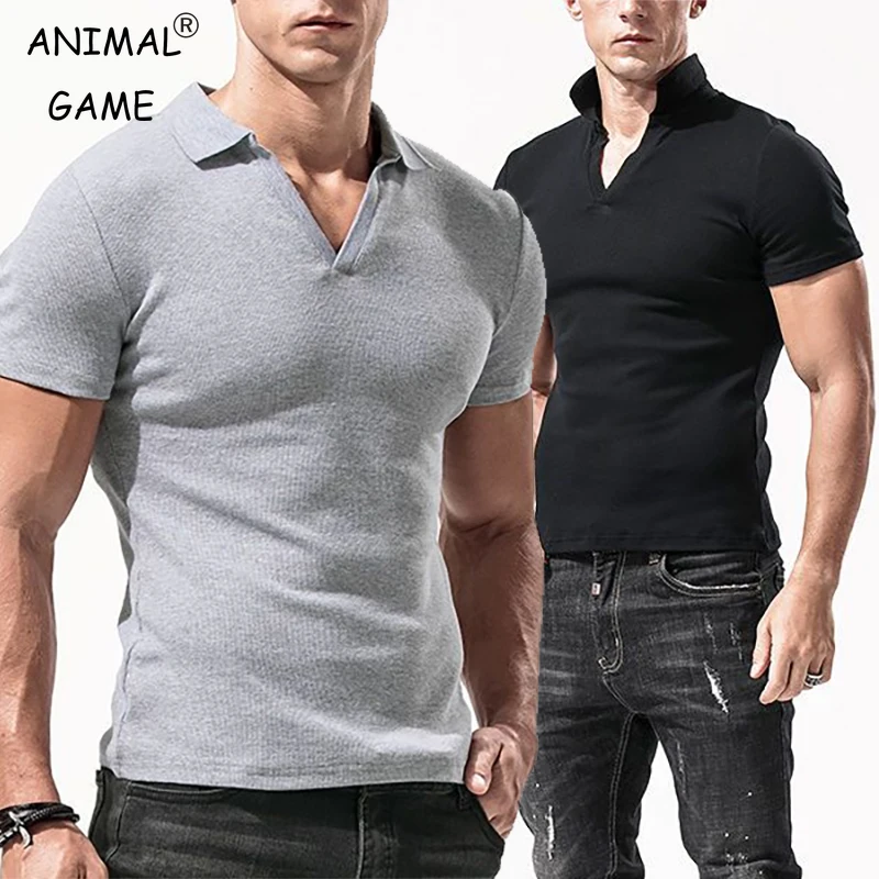 

Футболка мужская базовая с отложным воротником, хлопок, короткий рукав, приталенная, однотонный свитшот, топ с V-образным вырезом, большие размеры, лето