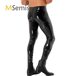 Mens Motorcycle Tight Long Pants Two-way Zipper Crotch Fashion Trousers Wet Look Patent Leather Skinny Pants Clubwear Leggings