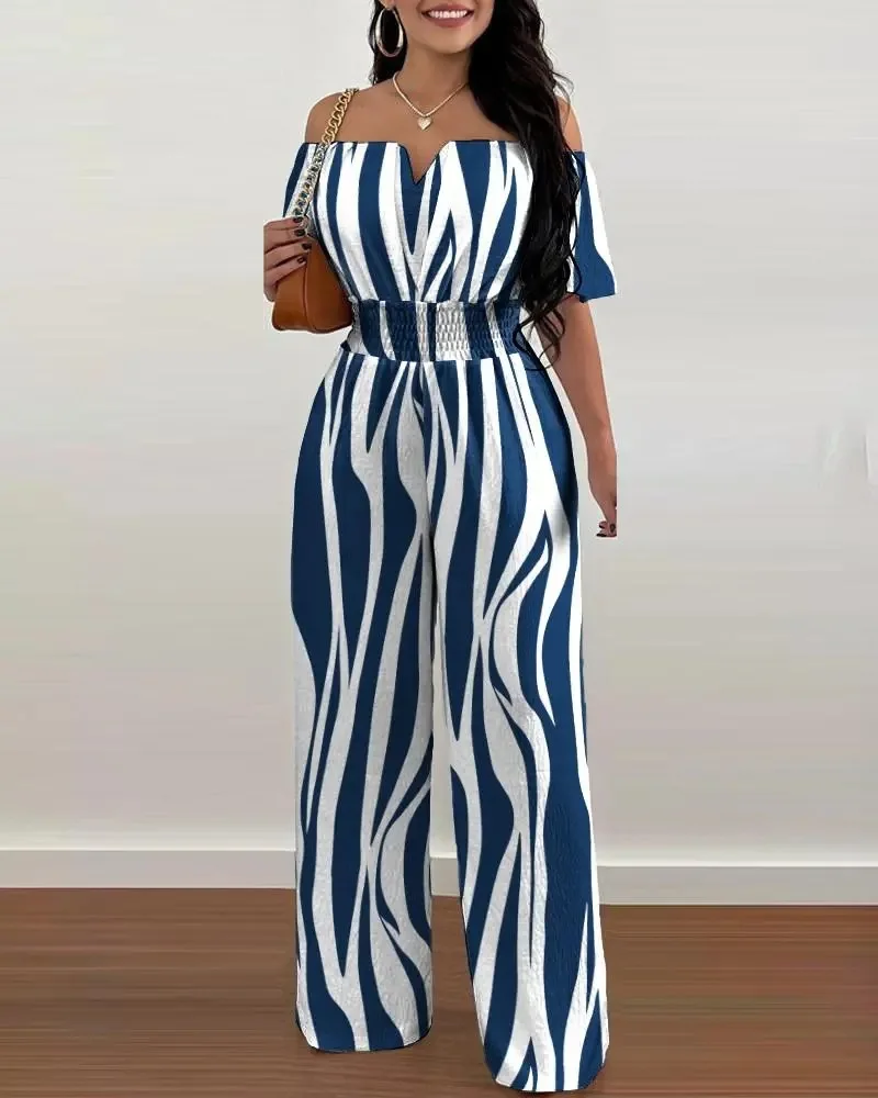 Jumpsuit Women 2023 Summer Fashion Print Wide Leg Jumpsuits Sexy Beach Style Off-shoulder High Waist Summer Outfits Bodysuit