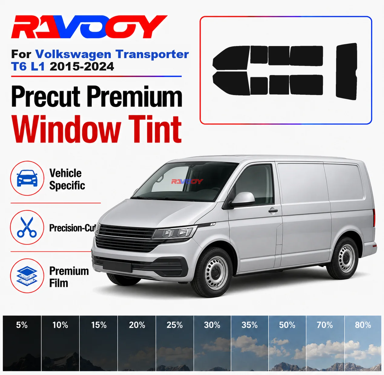 Premium Precut Window Tint Kit Front Rear Windows Rear Windshield For Volkswagen Transporter T6 L1 2015-2024 Nano Ceramic Film