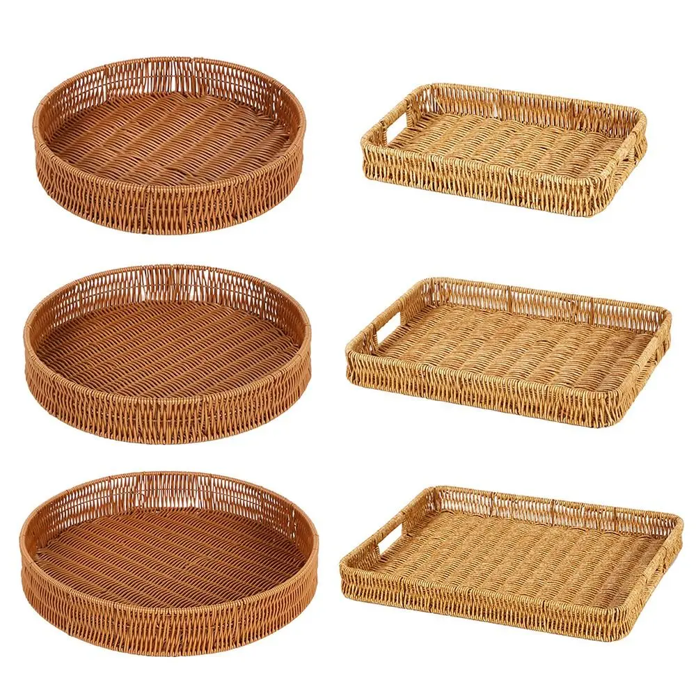 1Pcs Breakfast Bread Food Handwoven Rattan Basket Round Rectangular Shape Imitation Wicker Rattan Storage Tray Food Plate