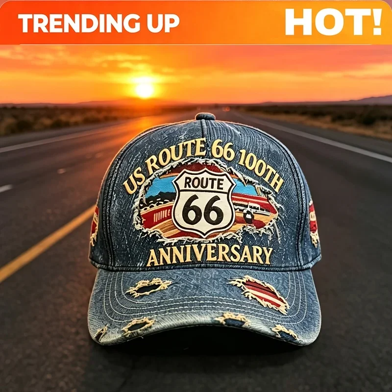 Custom American Retro Route 66 100Th Anniversary Commemorative Baseball Cap Unisex Washed Vintage Distressed Hole Duckbill Hat