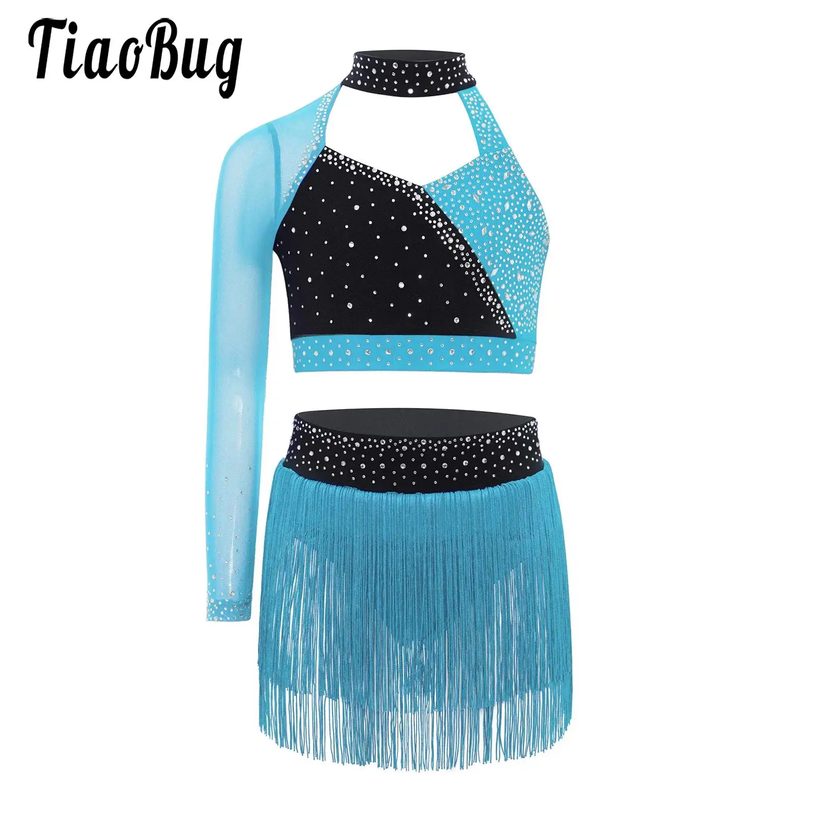 

Kids Girls Latin Dance Figure Skating Costume Outfit Rhinestones Crop Top+ Tassel Skirted Leotards Rhythmic Gymnastic Dancewear