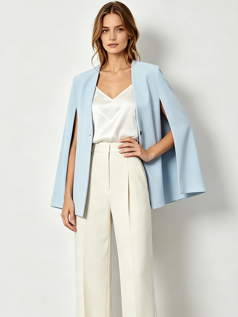 LIMO Collarless Open Front Cape Blazer Single Button Long Flare Sleeve Loose Women Elegant Commuter Shawl Outerwear Jacket