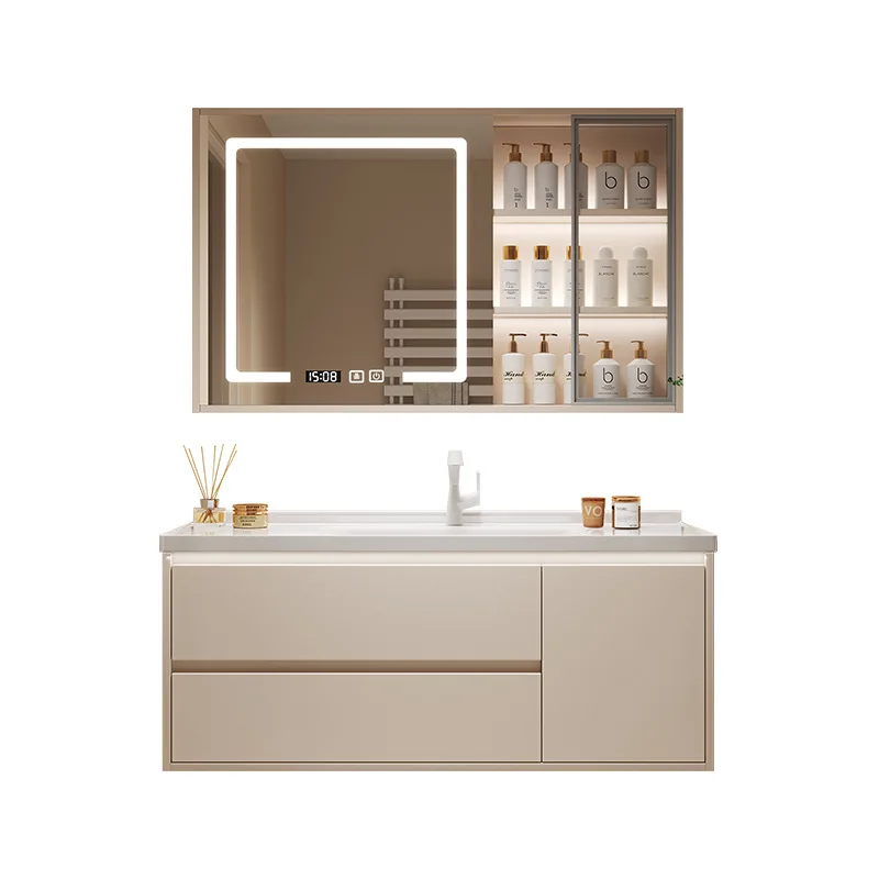 

Bathroom washbasin ceramic integrated basin smart mirror cabinet cream wind