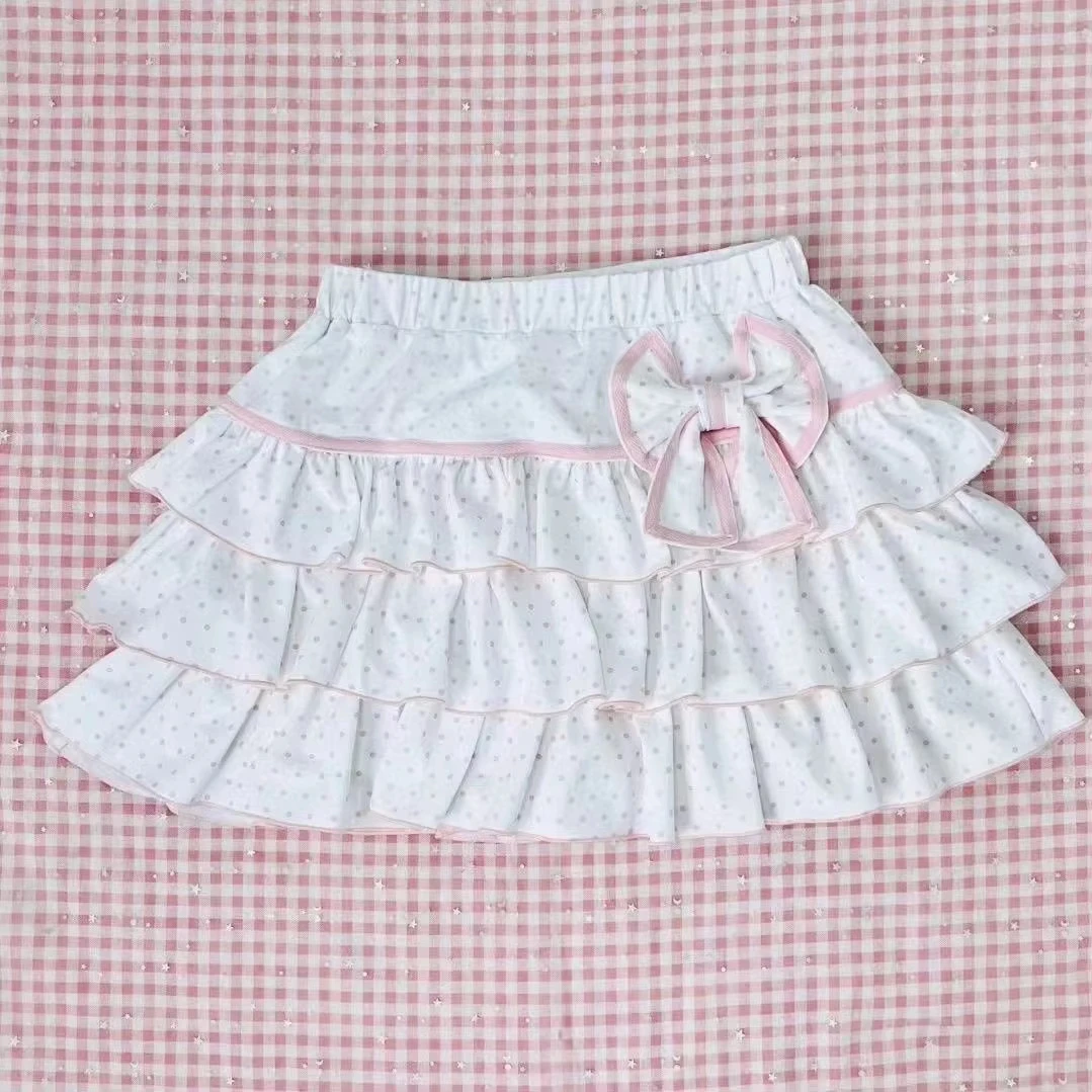 Saia Mini Lolita Estilo Japonês Harajuku para Meninas, Saias Plissadas com Laço Y2K para Mulheres, Saias em Camadas com Rendas e Bolinhas, Presente Fofo e Doce