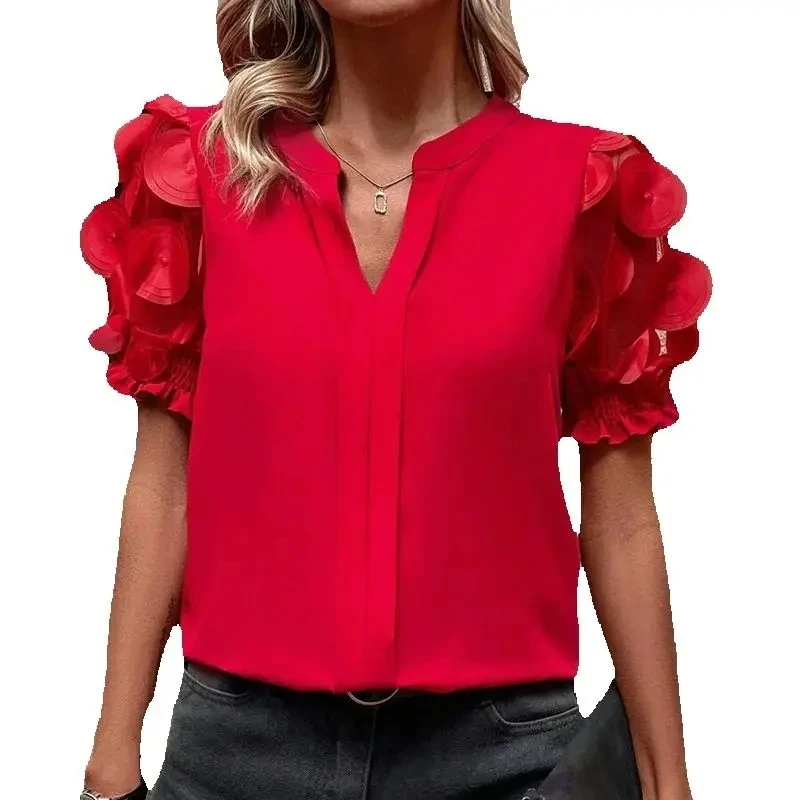 

Women's Elegant Jacquard Puff Sleeve Blouse Temperament Commuting Female V-Neck Casual T-Shirt Sheer Mesh Patch Short Sleeve Top