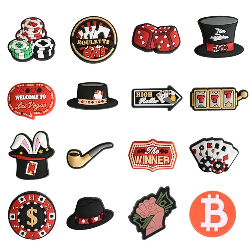 1-16pcs Las Vegas Poker Dice Roulette Game PVC Shoe Charms for Sandals Shoe Accessories Shoe Buckle Decoration Pins Party Gifts