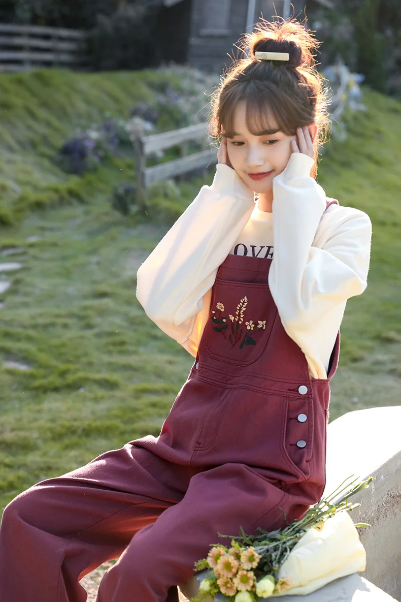 Overall Denim Wanita Model Jepang Terbaru Musim Gugur 2025, Bordir Manis, Cucian, Longgar