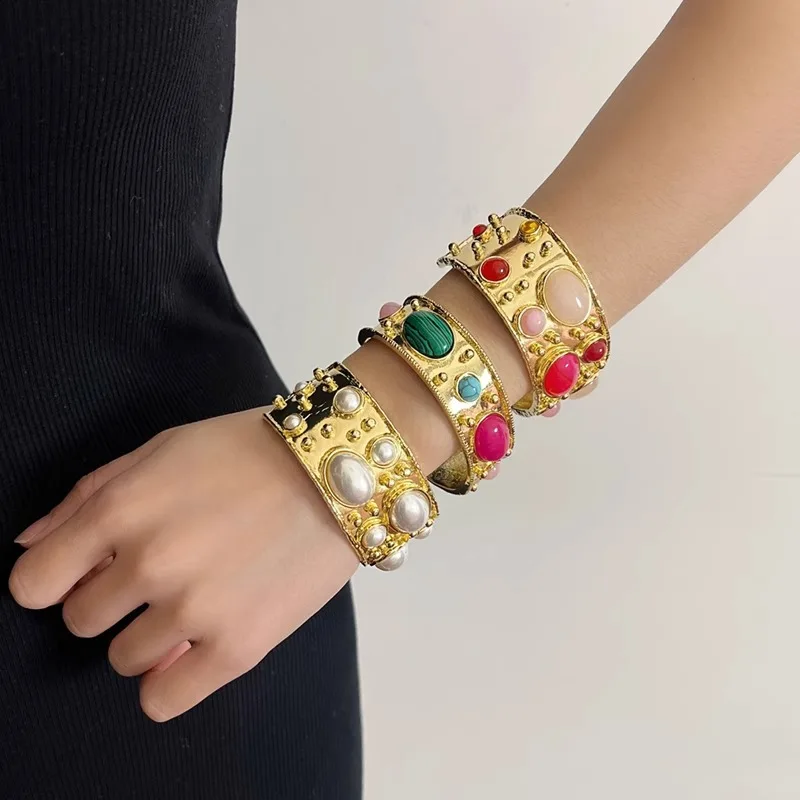 

French Retro Malachite Open Gold Bangels Luxury High Sense Exquisite Colored Gemstone Wide Bracelet