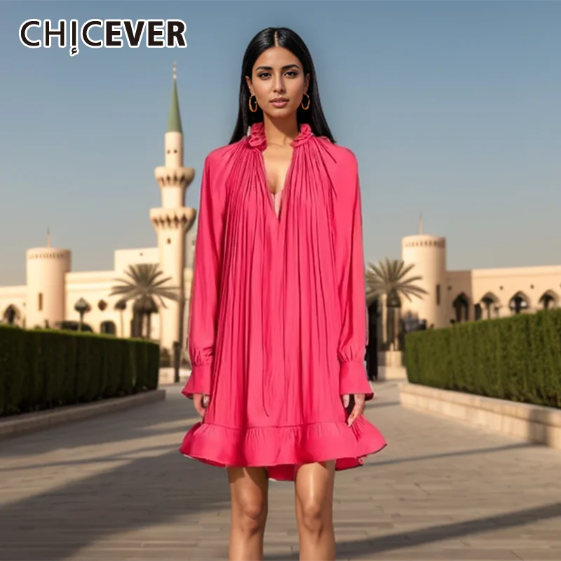 

CHICEVER Spliced Lace Up Loose Dress For Women O Neck Long Sleeve Patchwork Fungus Pleated Casual Dresses Female Autumn Clothing