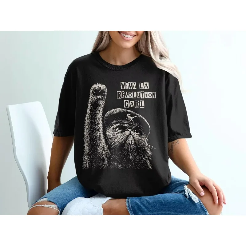 Viva La Revolution Carl Cat T-shirt, Fun and Irritable Cat T-shirt Short Sleeved, Suitable for Both Men and Women All Year Round