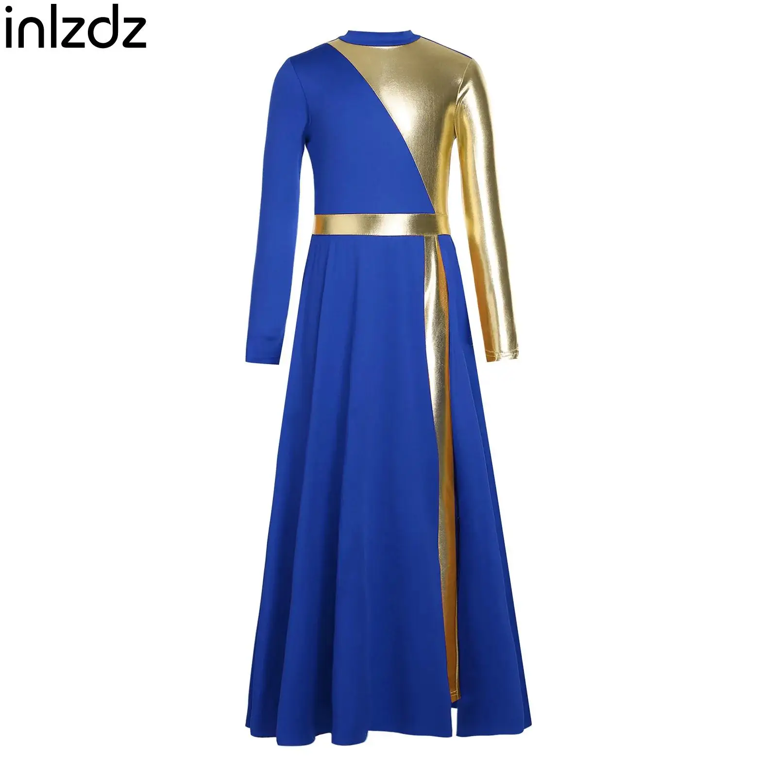 

Kids Girls Praise Worship Church Choir Costumes Metallic Long Sleeve Tunic Contemporary Dance Split Dress with Built-in Leggings