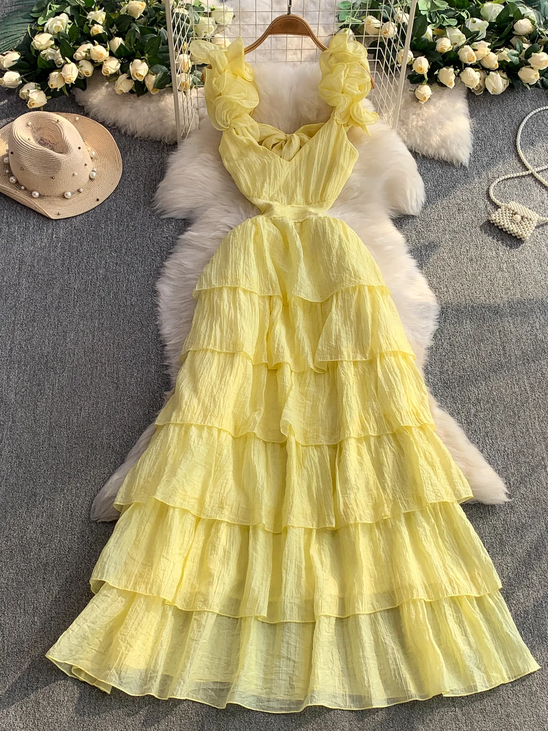 فستان تونيك صيفي مثير بدون ظهر للنساء، تنورة طويلة ضيقة عالية الخصر بأكمام جرس ورقبة على شكل حرف V، فستان من طبقات الشاش على ...