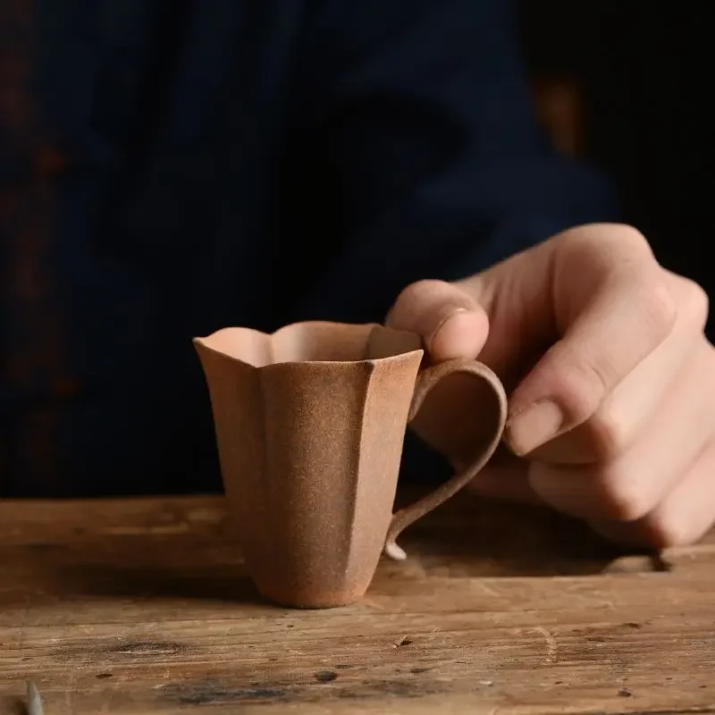 1 Stück grobe Keramik-Teetasse, leichte Luxus-Master-Tasse, Verbrühschutz, hochwertige Blütenblatt-Tasse, Teetasse, alter Rock-Ton, alter Stil, Schönheitsbecher