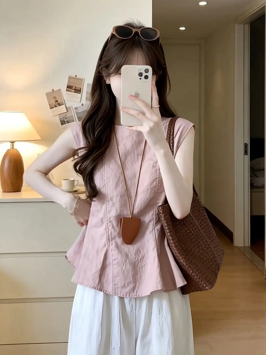 

Pink round Neck Casual Style Women's Shirt Vest Summer New Sweet Anti-aging Loose Slimming Sleeveless Top Korean Style