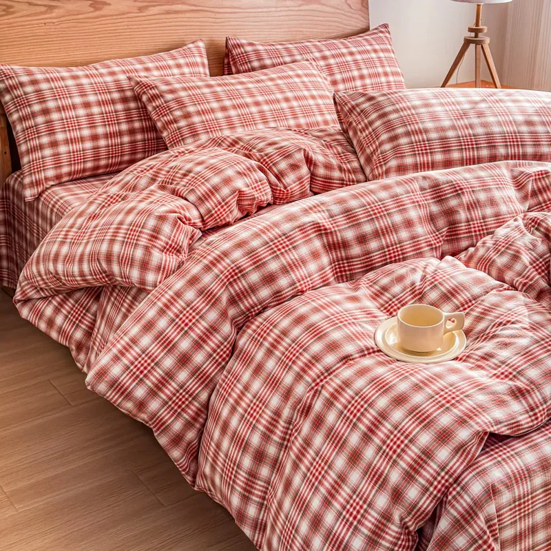 

Red Checked Cotton Single Bed Cover 2025 New Simple Yarn-dyed Duvet Quilt Cover Skin Friendly 160x210 220x240 Ventilate Bedding