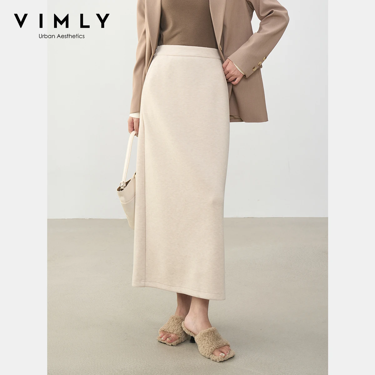 

VIMLY Autumn Oatmeal Long Skirts 2025 New Elegant Knitted Straight Skirt Office Lady Pocket Ladies Skirts Vetement Femmes A2235