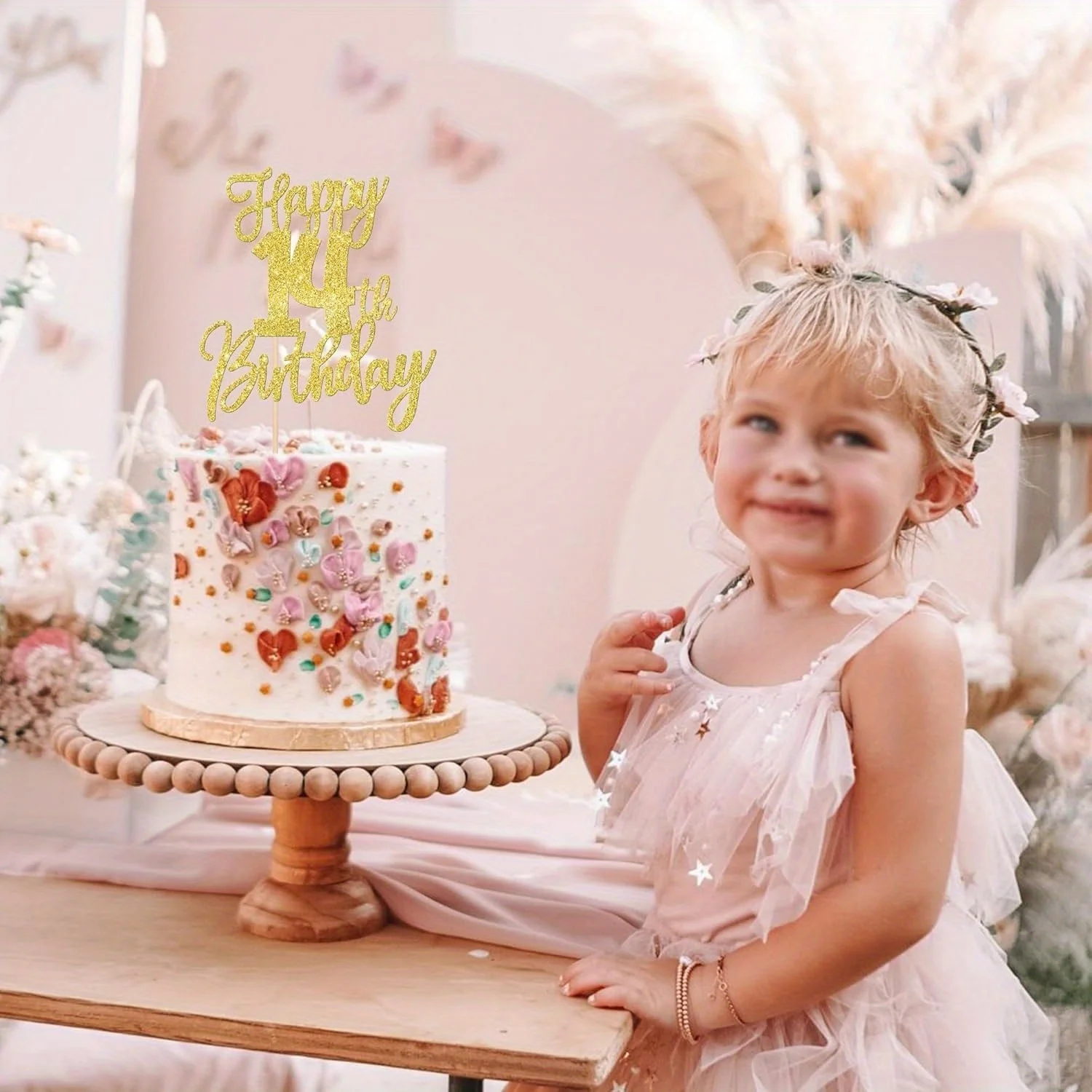 1 Stück goldener Glitzer-Kuchenaufsatz zum 14. Geburtstag – Prost bis 14 Jahre, vierzehn Hallo 14 Kuchendekoration – Detail 7