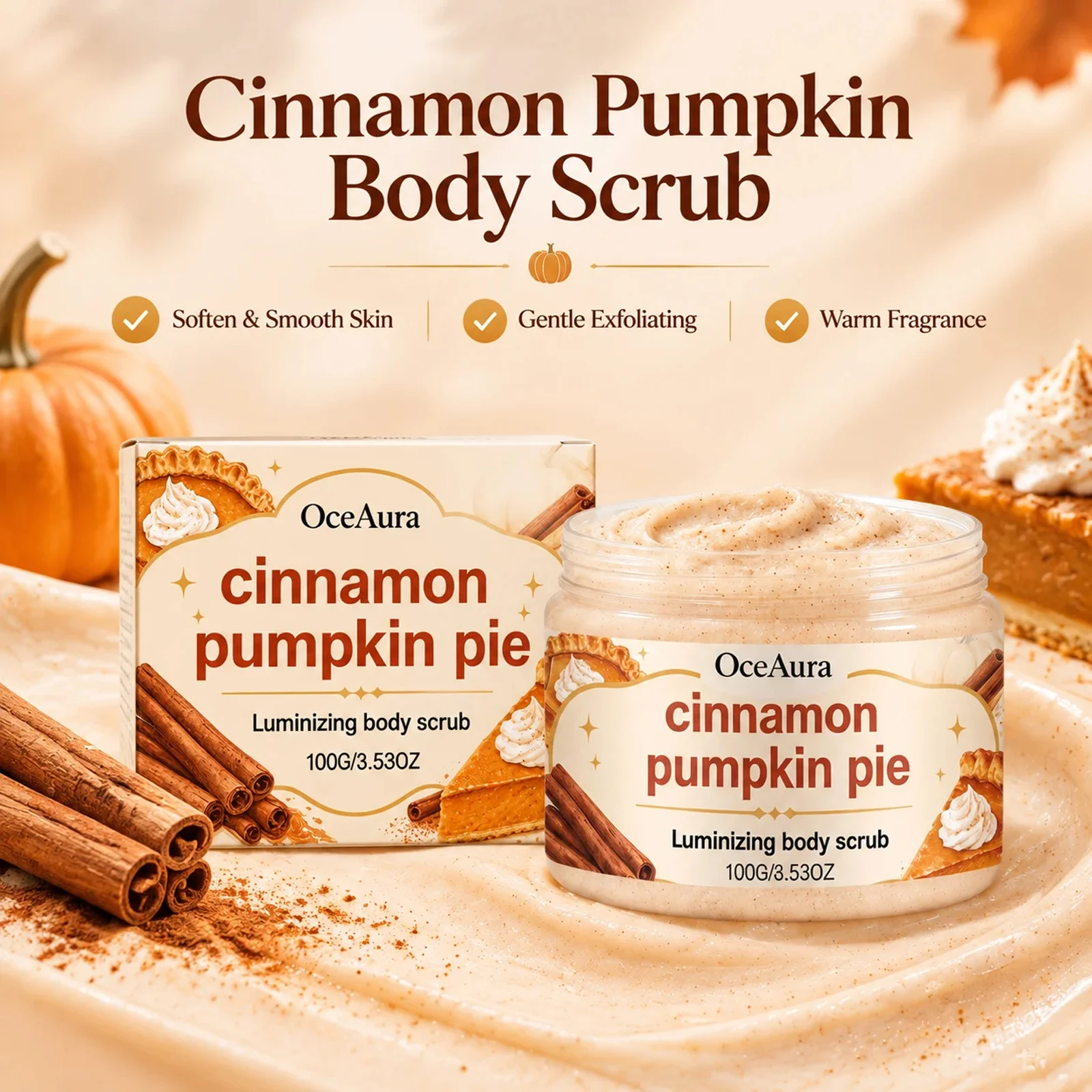 Oceaura Cinnamon Pumpkin Pie Body Scrub Gentle Exfoliating Soften Smooth Skin Brightening Fragrance Easy Rinse 100g