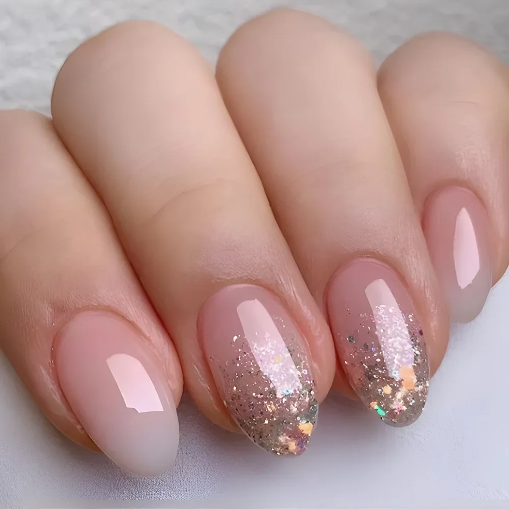 24 ชิ้นอัลมอนด์เล็บปลอม Shimmery Powder Simple Nail Art Ombre ฝรั่งเศสเต็มรูปแบบสวมใส่เล็บเคล็ดลับเล็บสําหรับสาวทุกวัน