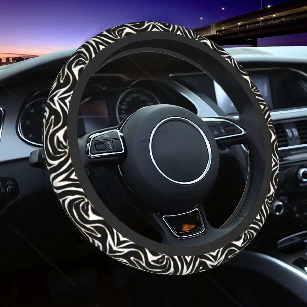 38cm Car Steering Wheel Covers Elegant Black Gold Zebra White Animal Print Elastic Auto Decoration Elastische Car Accessories