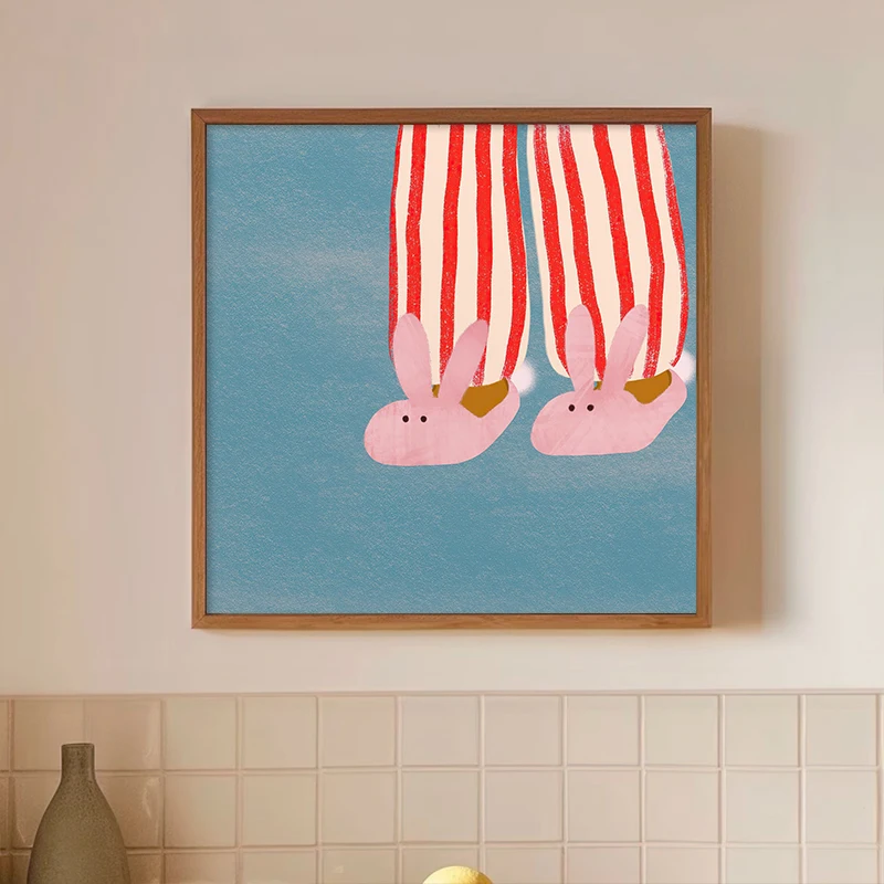 Midnight Snack Bunny Slippers Striped Wall Art Prints Blue Red Pink Kids Bedroom Decor Playful Poster