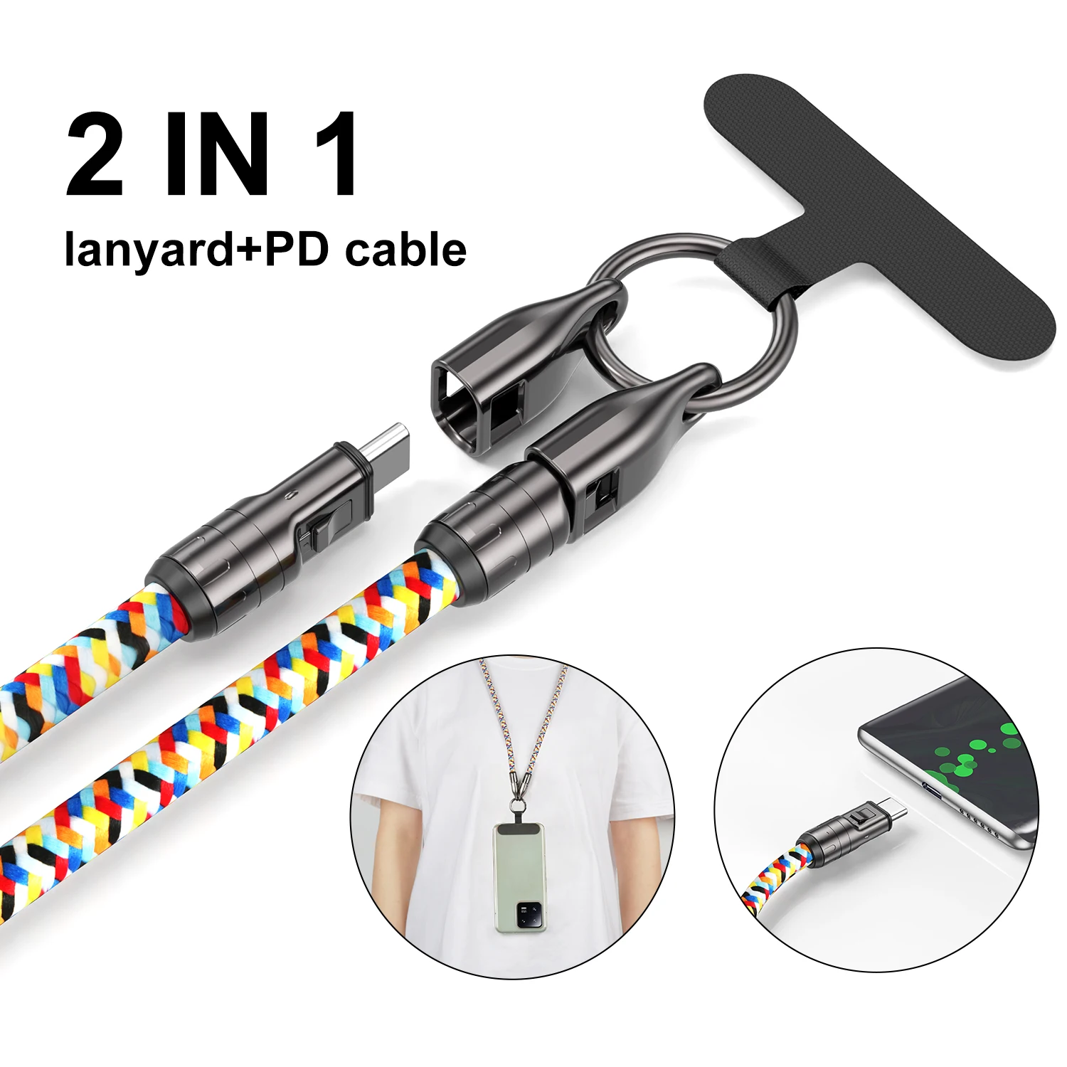 

2 in 1 Type-C USB C To Type-C Fast Charging Cable Data Cord with Neck Straps Lanyard 60W PD Cable Wire For iPhone Samsung Huawei