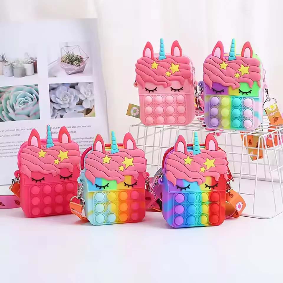 Unicorn Rainbow Purse Bag Relief Girls Handbag Coin Pouch Purse Push Bubble Relief Stress Squeeze Bag Messenger Bags Child Gift
