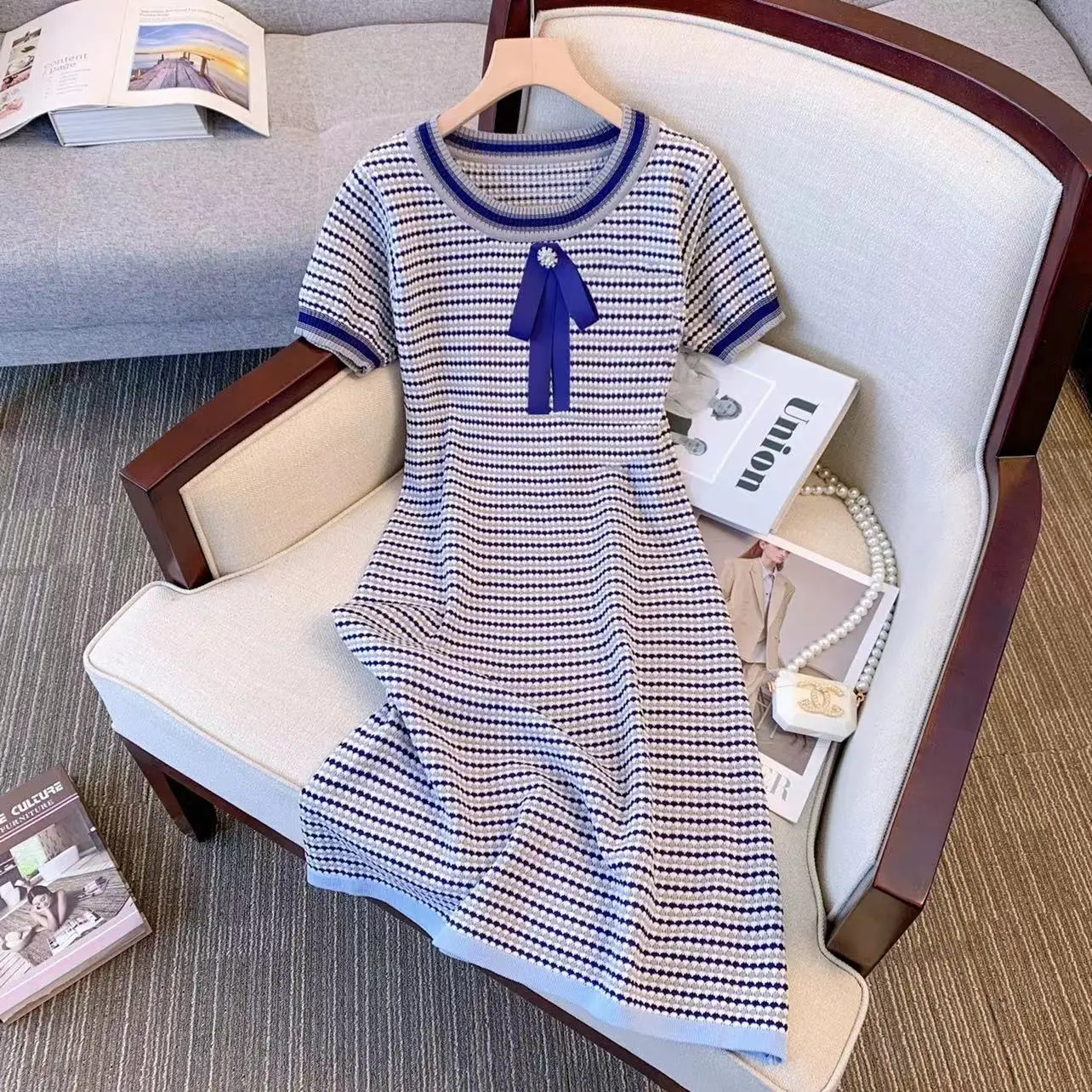 

Women Color Patchwork Bows Hem Knitted Mini Dress Blue O Neck Short Sleeve High Stretch Bodycon Casual Outfits Vestidos