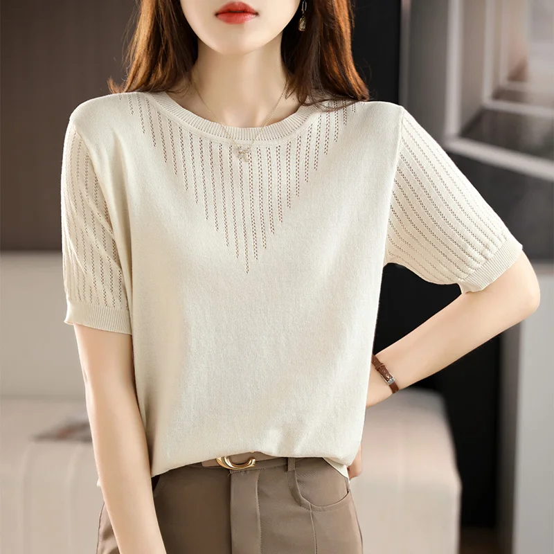 Spring and summer new short sleeve women\'s round neck short sleeve hollow out Pullover solid color top looks T-shirt