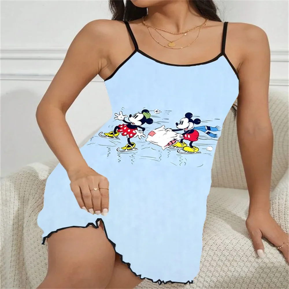 Sexy Fashion Sleeping Dress for Women New Mickey Pattern Print Women's Summer Nightwear Ruffled Edge Design Women's Sleepwear