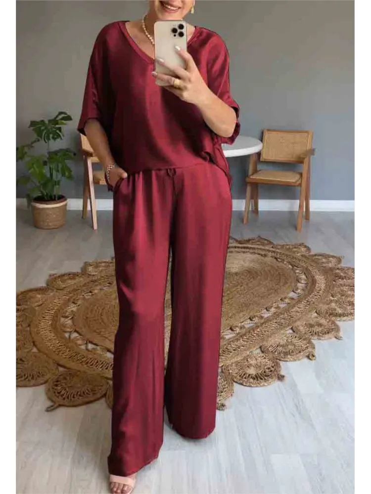 Elegant V-neck Short-sleeved Solid Color Top + Wide-leg Pants Two-piece Set For Women Autumn Fashion Casual  Loose Suit Female