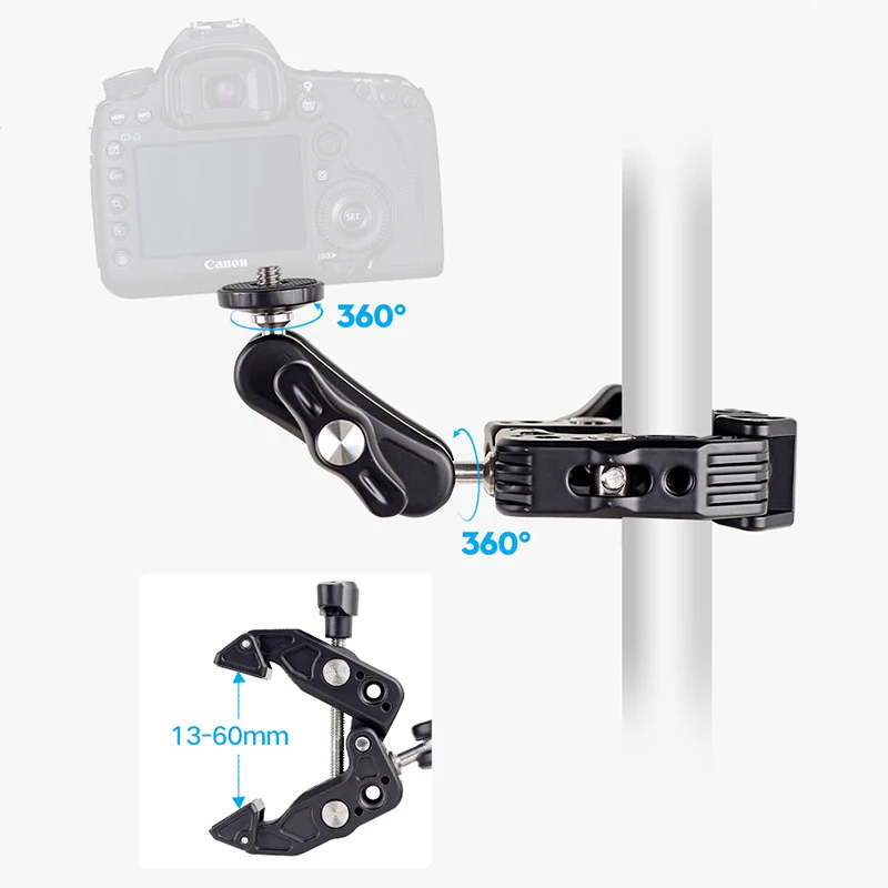 Super Camera Clamp Mount Double Socket Arm 1/4" Ball Head Adapter for GoPro 11 10 9 8 DJI Action Insta360 X3 DSLR Digital Camera