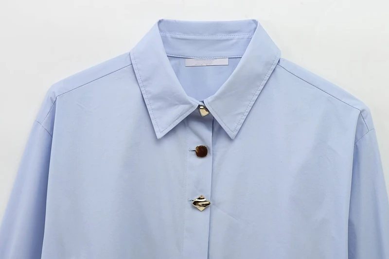 Jenny&Dave Minimalist Gold Button Light Blue Shirt Long Sleeved Top Poplin Shirt Women Fashion Office Ladies Blouse For Commutin