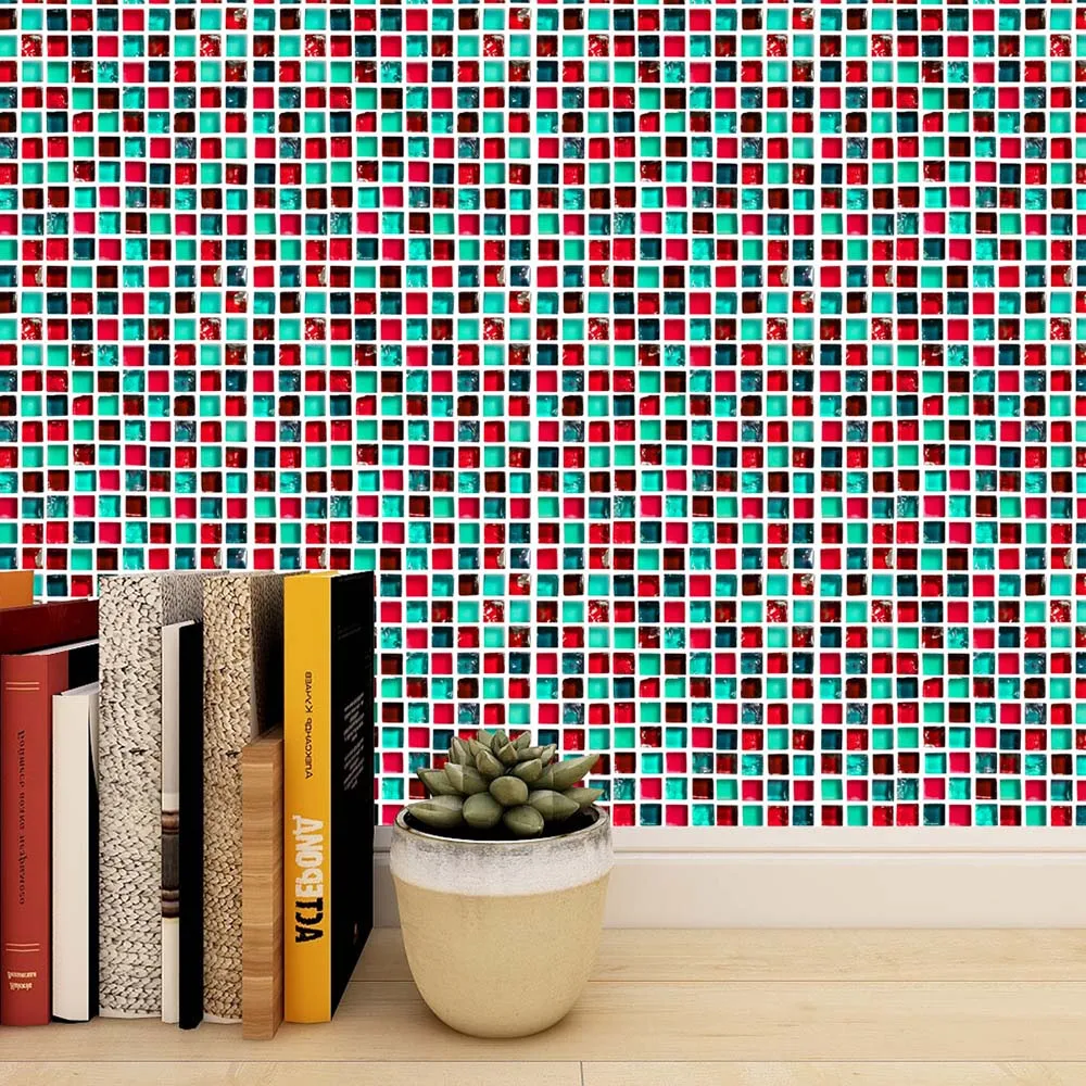 Waterproof Self Adhesive 3D Mosaic Wall Decal Peel And Stick DIY Bathroom Kitchen PVC Wallpaper 10pcs Set Red Green Sticker