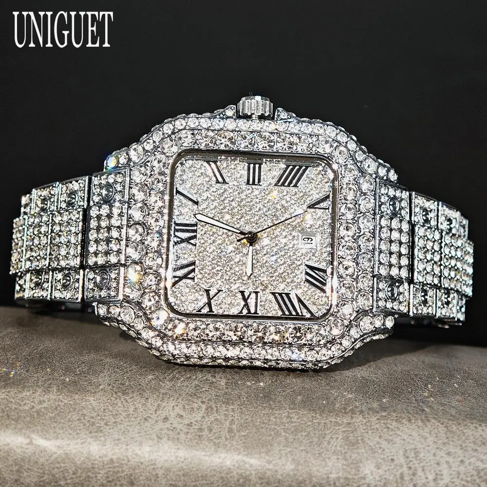 UNIGUET Hot Sale Luxury Iced Watch for Man Fashion Square Watches Men Hip Hop Diamond Bling Jewelry Wristwatch Reloj Hombre