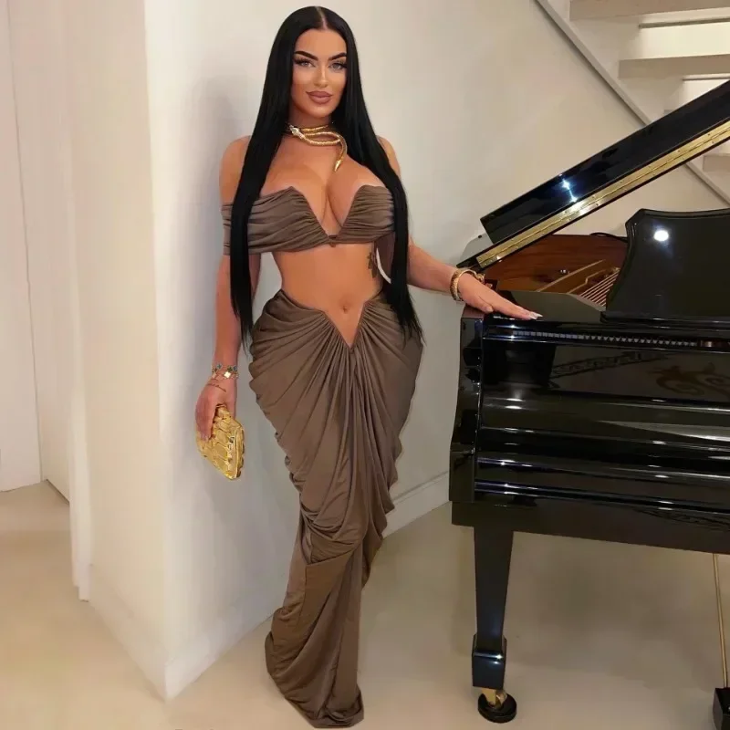 

GUWU Sexy Party Night Ruched Maxi Dress Sets for Women Two Piece Set Club Outfits Strapless Crop Top + Long Skirt Matching Sets