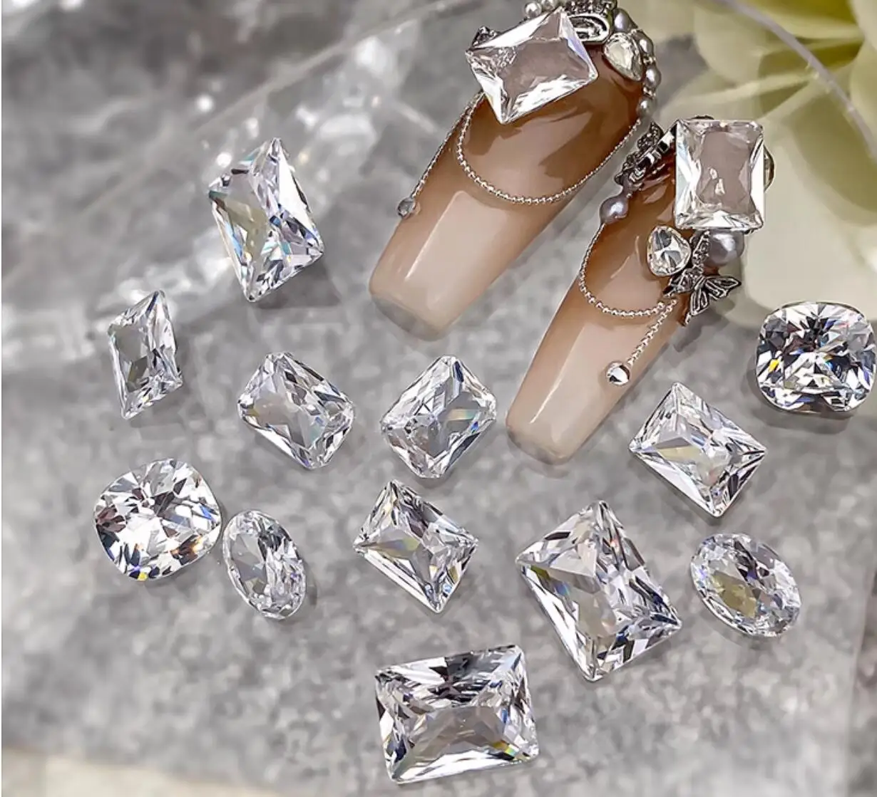 10 Uds. De decoraciones artísticas para uñas de circonia de cristal blanco, gemas redondas, cuadradas y de gota de agua, joyería para uñas DIY, diseño de manicura de lujo *