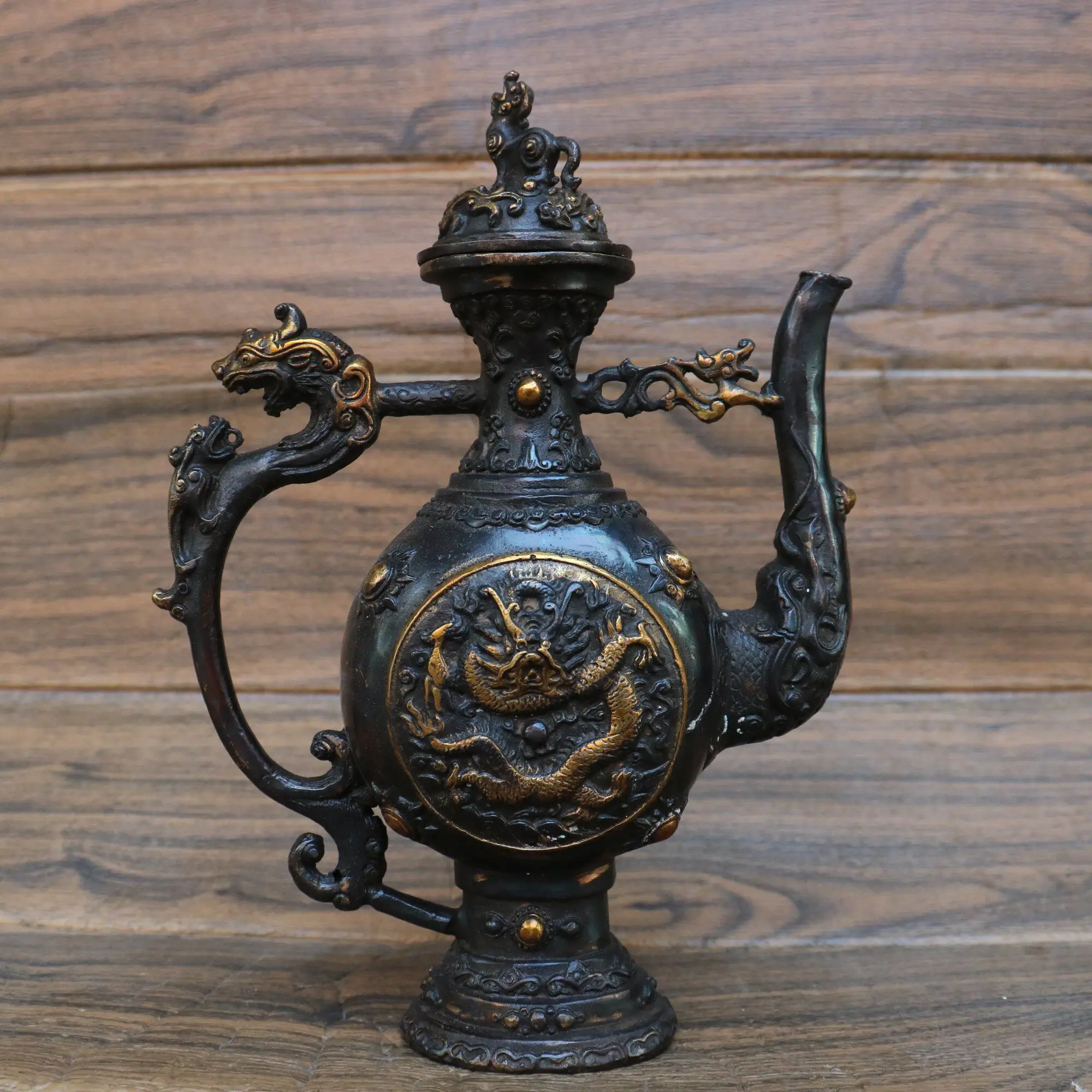Vintage Copper Dragon Pattern Wine Pot Home Desktop Decor Crafts