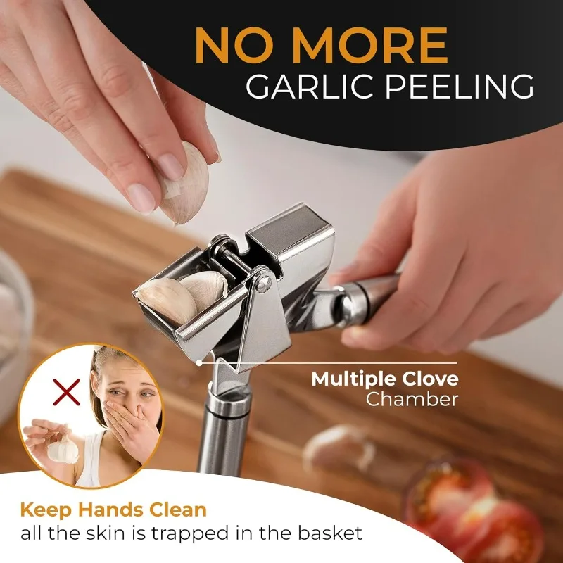 Garlic Press Stainless Steel - Professional Grade Garlic Grinder, Crusher and Peeler - Easy To Clean, Dishwasher Safe