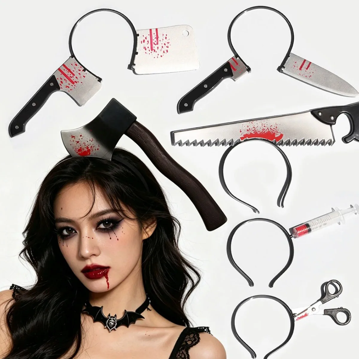 Halloween Headband Prop Bloody Head Through Knife Saw Axe Plastic Horror Zombie Party Cosplay Costume Headwear