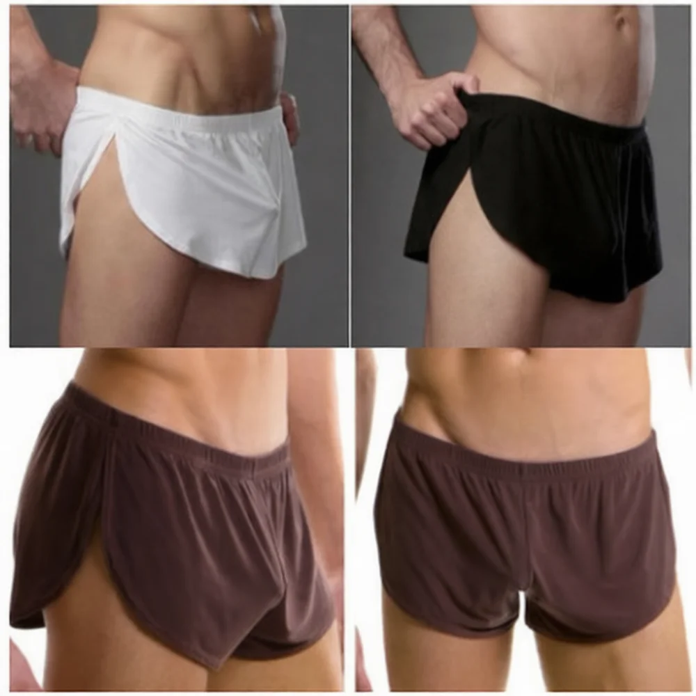 Soft Mens Underwear Boxer Shorts Milk Silk Breathable Loose Sleepwear Side Split Casual Loungewear Undergarment