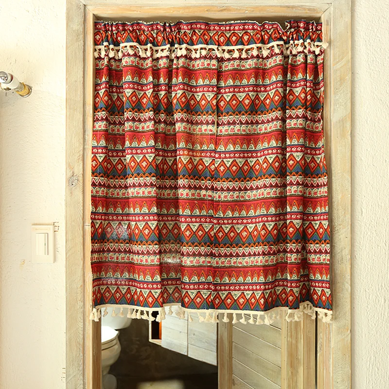 

American Bohemian Cotton Linen Semi-blackout Short Curtains Modern Geometric Colorful Curtain for Kitchen Cafe Door Home Decos