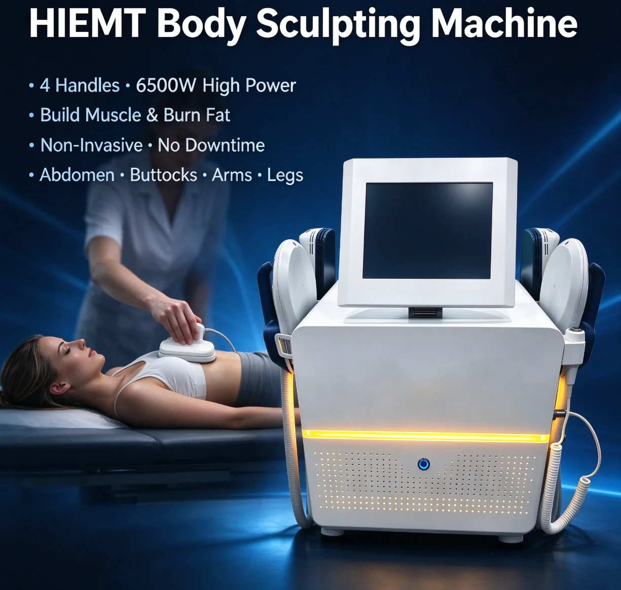 HIEMT Body Sculpting Machine, 4 Handles 6500W High Power EMS Muscle Building & Fat Burning Device, Non-Invasive Abdomen Buttock