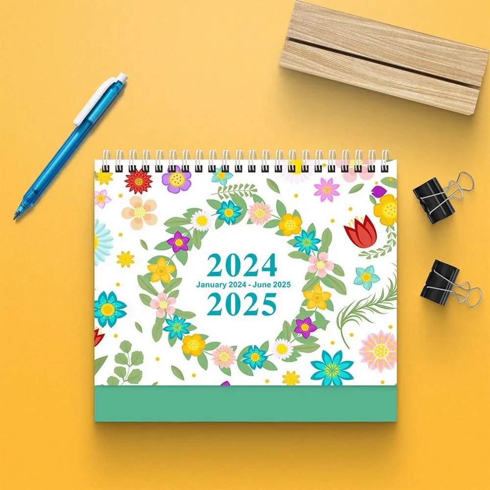 Portable January 2024-June 2025 Desk Calendar Daily Monthly English 2024 Calendar Flower Cactus Pattern Table Planner School