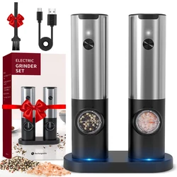 Rechargeable Electric Salt And Pepper Grinder Set with Charging Base Stainless Steel Automatic Salt Pepper Grinder Spice Mill