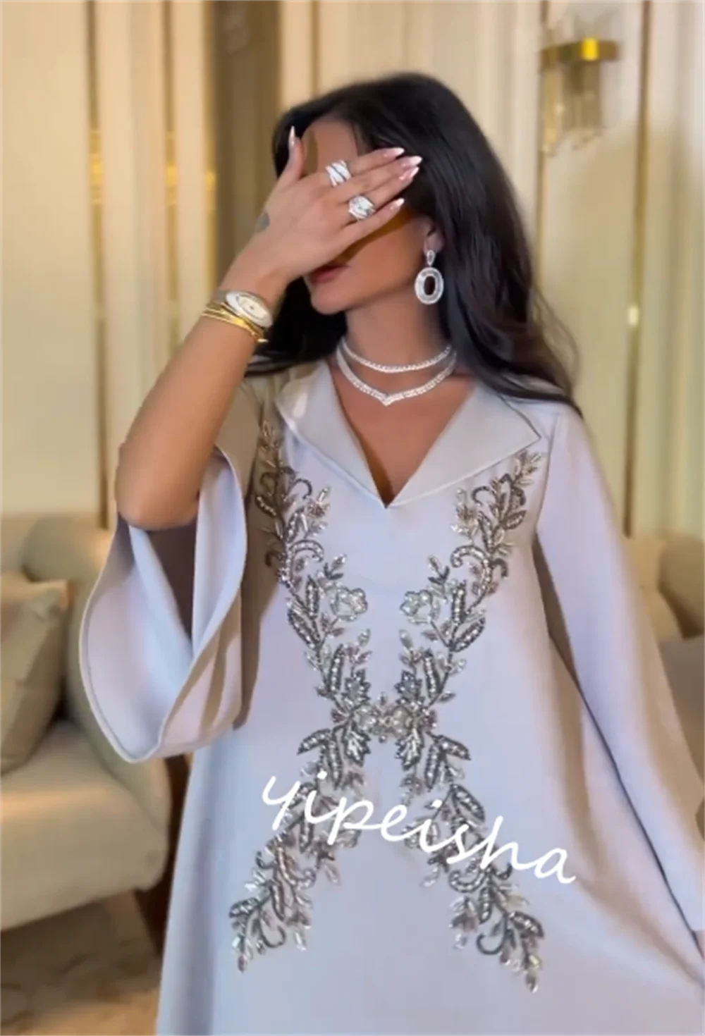 Jiayigong-vestido Midi con cuello en V para graduación, Jersey bordado, a medida, Arabia Saudita