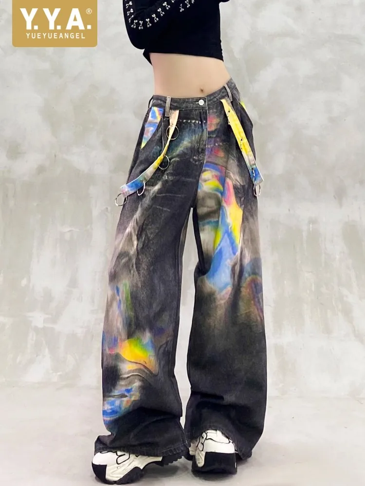 

Осенние новые повседневные женские джинсы длиной до пола с ярким принтом и высокой талией, свободный крой, прямые широкие джинсовые брюки